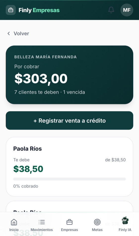 Pantalla de Cuentas por cobrar en Finly Empresas