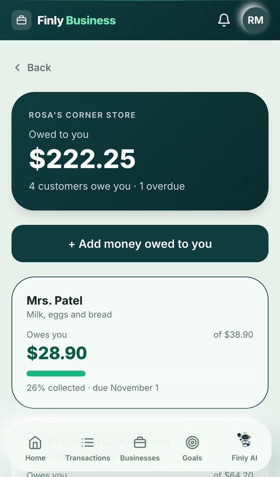 Owed to you screen in Finly Business
