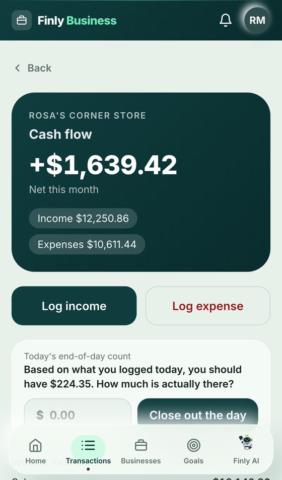 Your business's cash screen in Finly Business