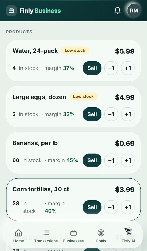 Inventory screen in Finly Business