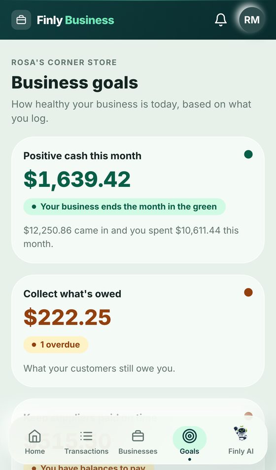 Business goals screen in Finly Business