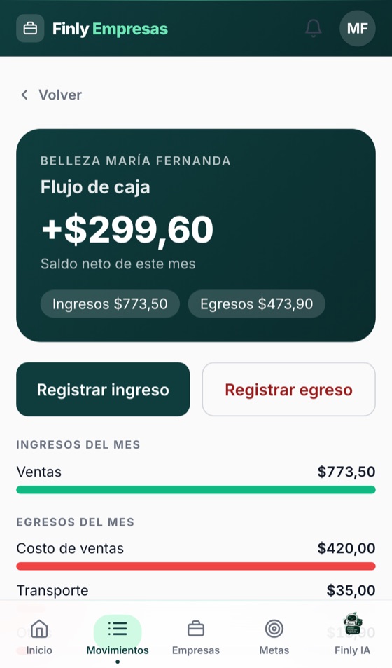 Pantalla de La caja de tu negocio en Finly Empresas