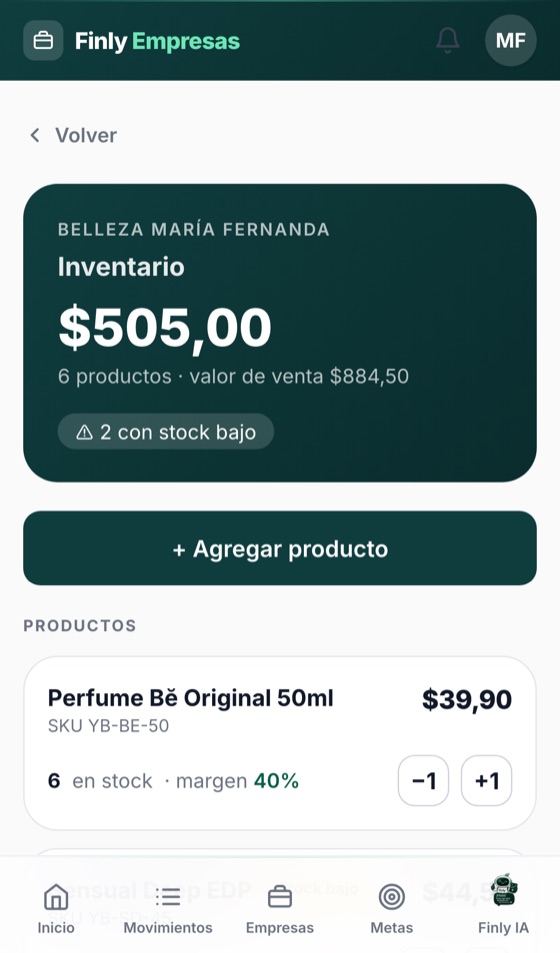 Pantalla de Inventario en Finly Empresas