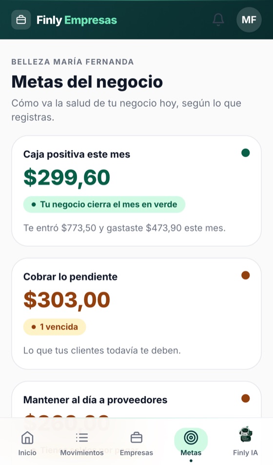 Pantalla de Metas del negocio en Finly Empresas