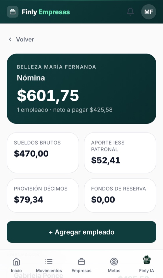 Pantalla de Nómina en Finly Empresas