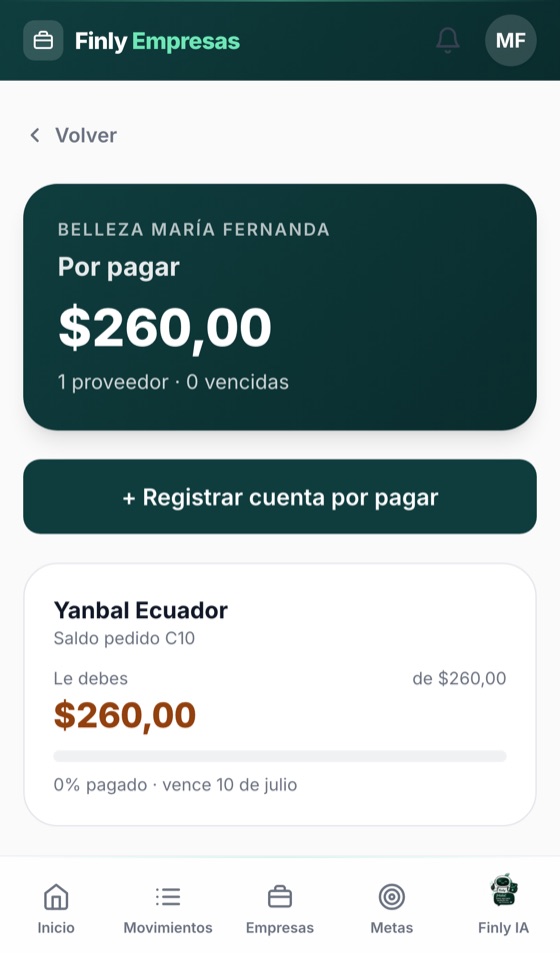 Pantalla de Cuentas por pagar en Finly Empresas